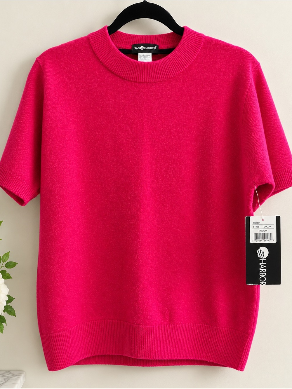 NWT Sag Harbor Fuchsia Pink Short Sleeve Mock Neck Sweater Medium Vintage